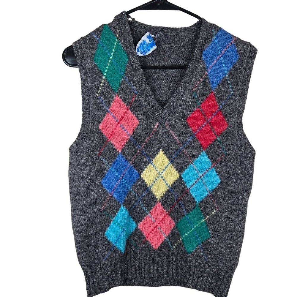 Vintage Deans Of Scotland Argyle Wool Knit Sweater Vest Gray Mens Size M